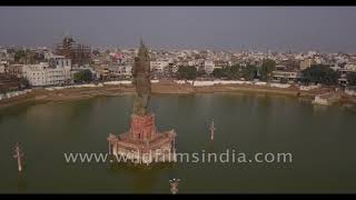 Aerial views of the Shiva statue in Sur Sagar Lake, Gujarat