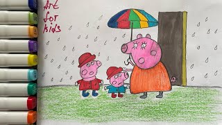 Drawing And Coloring Peppa Pig, George Pig And Mommy Pig In The Rain 🐷☔️🌧️🌈 Drawings For Kids