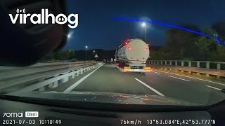 Truck Driver Nearly Crushes Car While Avoiding Incoming Traffic || ViralHog