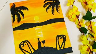 How to Draw Sunset Beach Scenery Painting For Beginners Step by Step with Acrylic Colours | Relaxing