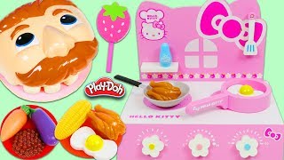 Feeding Mr. Play Doh Head A Yummy Meal Using Hello Kitty Grill & Real Working Sink!