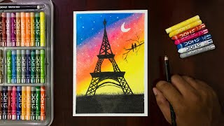 How to Draw Eiffel Tower Scenery | Easy Oil Pastel Drawing for Beginners step by step |