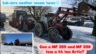 What a Disaster! 44 ton Lorry stuck in snow and ice -Can a Massey Ferguson 399 + 390 pull it to out?