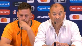Eddie Jones faces the media after his side's loss to Fiji in the Rugby World Cup