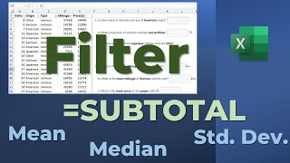 Frequency, Proportion, Mean, Median, SD -Filter + SUBTOTAL in Excel