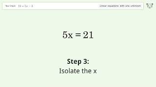 Solve 18=5x-3: Linear Equation Video Solution | Tiger Algebra