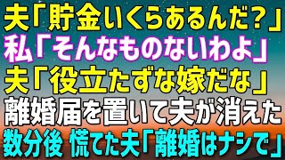 【スカッとする話】私の貯金額が気になって仕方ない夫「いくらある？」私「そんなものないわよ！ずっと専業主婦だったのよ？ｗ」→翌日、離婚届と手紙を置いて夫が消えて私、