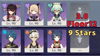 3.0 Floor 12 full stars with 6x 4*chara+4*weapons | Spiral Abyss Genshin Impact