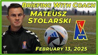 Briefing with Motor Lublin coach Mateusz Stolarski on 02/13/25.  Training session in Lublin, Poland.