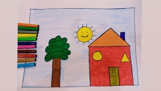 Drawing house from shapes for kids|colour marker|
