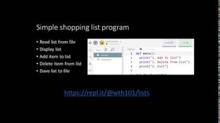 Code walkthrough Python shopping list program