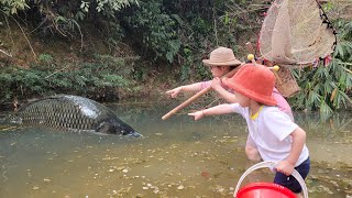 discovered a puddle with many giant fish. Girl and child use ancient skills to catch fish