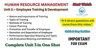 HRM Unit 3 Complete One Shot : Employee Training & Development : MBA Important for Exam