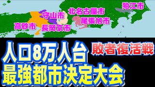 高砂市(兵庫県)vs北名古屋市(愛知県)vs狛江市(東京都)vs守山市(滋賀県)vs尾張旭市(愛知県)vs長岡京市(京都府)[人口8万人台都市最強都市決定大会(敗者復活戦)]