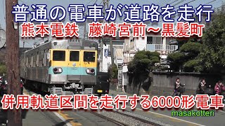 熊本電鉄　藤崎宮前～黒髪町の併用軌道区間を走行する6000形電車（2013年2月24日撮影）