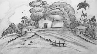 How to draw a Village Scenery Landscape using Pencil