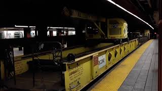 R160 #9700 (F) + R160 #9273 (F) arriving at \u0026 leaving 34th Street - Herald Square [w/ crane car 290]