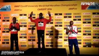 Geoffrey Kamworor \u0026 Mo Farah receives their medals in Cardiff 2016