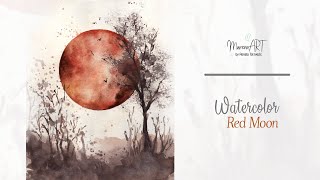 Watercolor Red Moon - simple painting for beginners