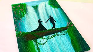 Valentine's special/Step by Step Acrylic Painting tutorial for Beginners / waterfall Couple Painting