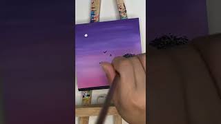 Mini acrylic painting on wooden board purple, pink scenery