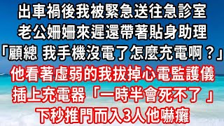 出車禍後我被緊急送往急診室，老公姍姍來遲還帶著貼身助理，顧總 我手機沒電了怎麼充電啊？顧辭看著虛弱的我拔掉心電監護儀插頭，一時半會死不了 你充吧，下秒門外進來3人他嚇癱#家庭伦理#小說