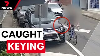 Cyclist caught on camera keying several cars in Woolloongabba | 7 News Australia