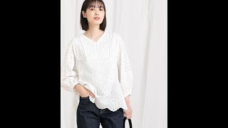 【シルエット】Ｃ刺繍レース切り替え７分袖ブラウス