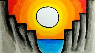 How To Draw Easy Scenery |How To Draw Sunset Scenery Easy Step By Step With Oil Pastels