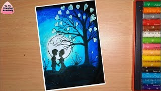Couple under love tree drawing with Oil Pastels -  step by step