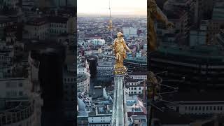 La Madonnina del Duomo di Milano. Milan Cathedral. Visit Duomo. Milano drone video 2023