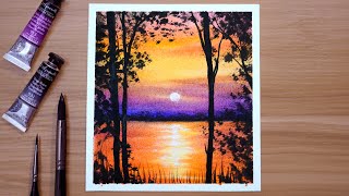 How to Paint a Sunset Scenery | Watercolor Painting