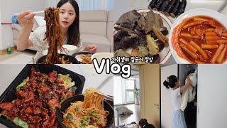 [먹방vlog] 날이 더워서 집에만 있어봤습니다 집콕이 최고야 _ 옷정리후 쟁반짜장+양장피+꼬마김밥+냉짬뽕+깐풍기+학교앞 떡볶이+카레+부쉬맨