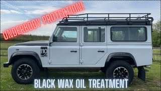 Land Rover Defender 110 - Applying Black Wax Oil Treatment To The Underside - Chassis Protection