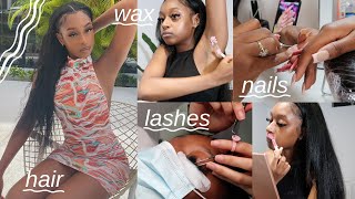 VACATION MAINTENANCE VLOG 🤍  COME WITH ME TO GET MY NAILS, LASHES \u0026 HAIR DONE BEFORE I LEAVE!