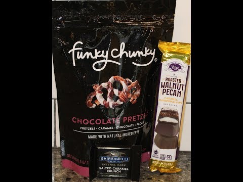 Funky Chunky Chocolate Pretzels, Vosges Roasted Walnut Pecan, Ghirardelli Dark Salted Caramel Funky Chunky Chocolate Pretzels, Vosges Roasted Walnut Pecan, Ghirardelli Dark Salted Caramel