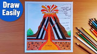 how to draw a volcano erupting step by step || volcano diagram drawing || volcano easy drawing