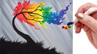 Rainbow Willow Tree Q Tip Acrylic Painting for Beginners tutorial 🌈🎨💜 | TheArtSherpa