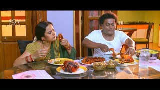 Sadhu Kokila Enjoys Eating Chicken With Wife | Real Police Kannada Movie Best Scene