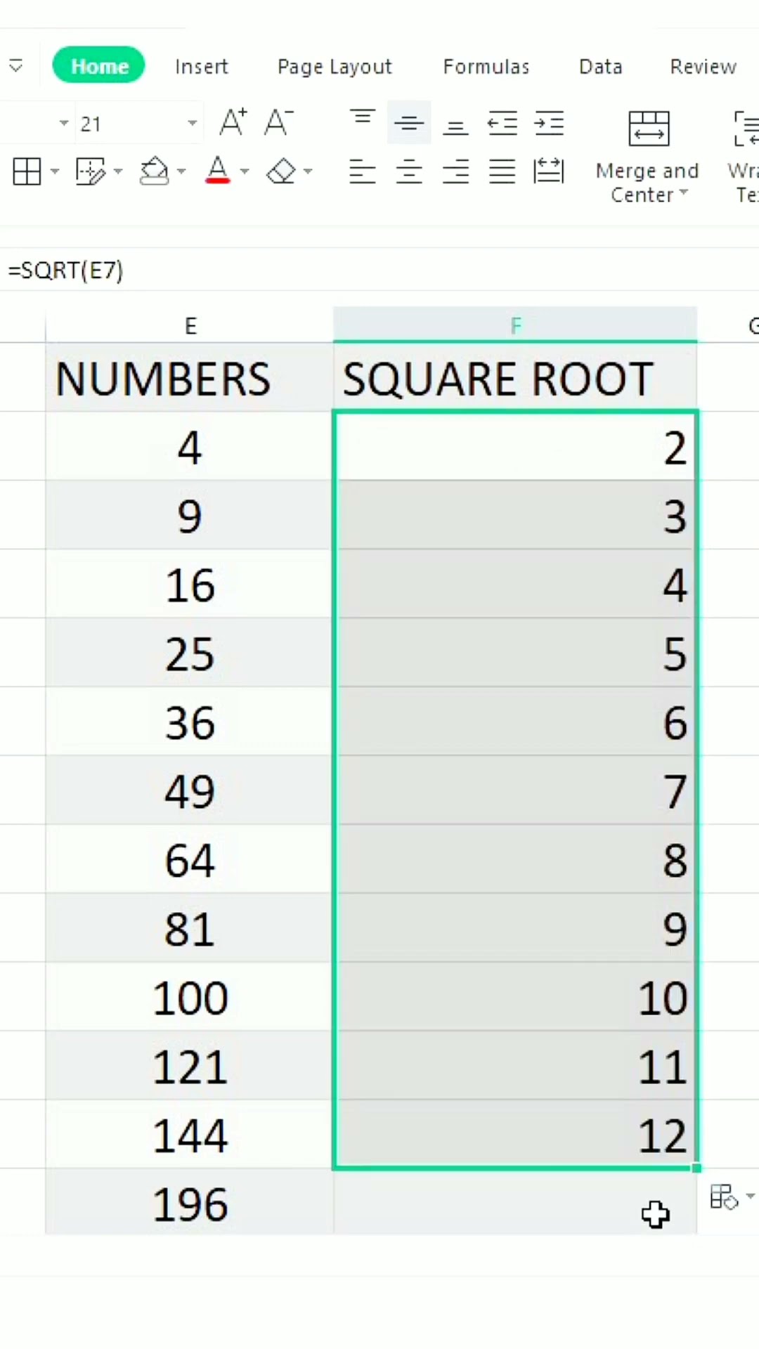 SQRT Function in Spreadsheet