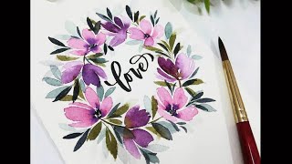 Easy Step wise Watercolor Floral Wreath|Watercolor Painting Ideas for Beginners|Pink & Purple Floral