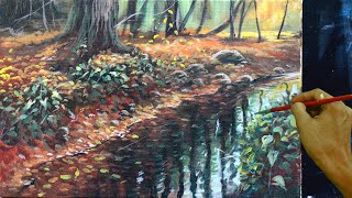 How to Paint a Creek / Basic Acrylic Landscape Painting Tutorial