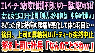 【感動する話】会社のエレベーターで倒れた太った女性を助けた俺。エリート上司「美人以外は中卒の仕事ｗ」おぶった俺は持病の腰痛が悪化→後日上司の昇格祝いが突然白紙に…怒る上司に社長「昇格？なんのことｗ」