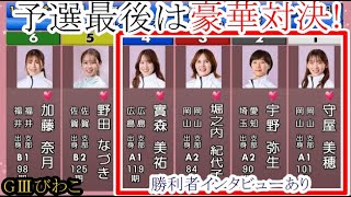 【GⅢびわこ競艇】予選最後は豪華対決！①守屋美穂VS②宇野弥生③堀之内紀代子④實森美祐(勝利者インタビューあり)