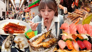Ep.10 🇯🇵 Mukbang at Kuromon market! Sushi, Grilled prawn, Oyster, Scallops, seafoods | Japan Osaka