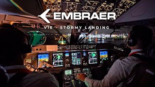 VIENNA | EMBRAER 195 COCKPIT LANDING - STORMY APPROACH