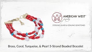 American West Jewelry  Brass, Coral, Turquoise \u0026 Pearl, 3 Strand Beaded Bracelet