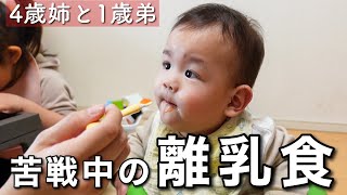 【苦戦中…】1歳弟の離乳食／ダウン症4歳姉の隣に並んで初挑戦！