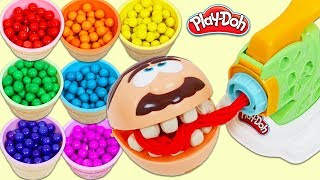 Feeding Mr. Play Doh Head by Pretend Cooking Rainbow Gumballs into Play Dough Spaghetti!