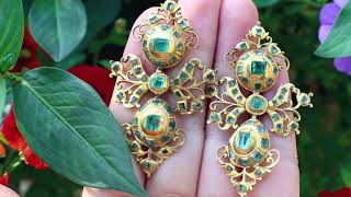 c. 1760-80 18th century Spanish Pendeloque Gold \u0026 Emerald Earrings, Iberian Emerald Earrings Lazo